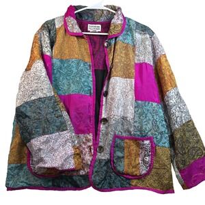 Vintage 90s Womens Medium Silk Patchwork Rainbow Quilt CoatJacket Cottagecore